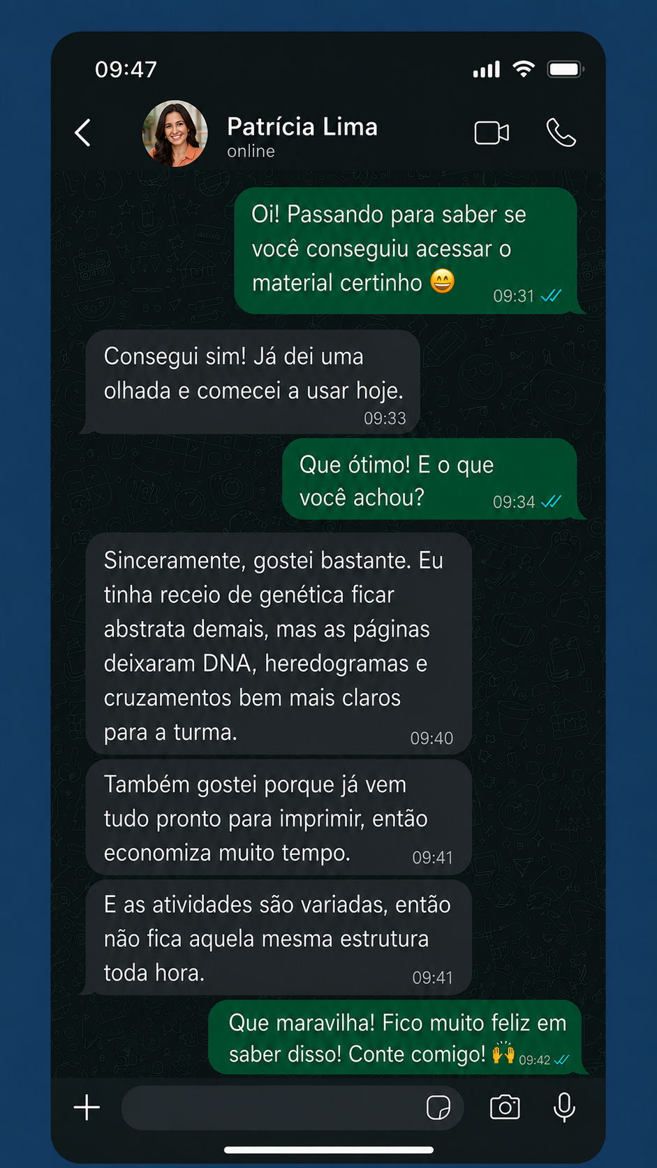 Depoimento via WhatsApp sobre o Genética Visual