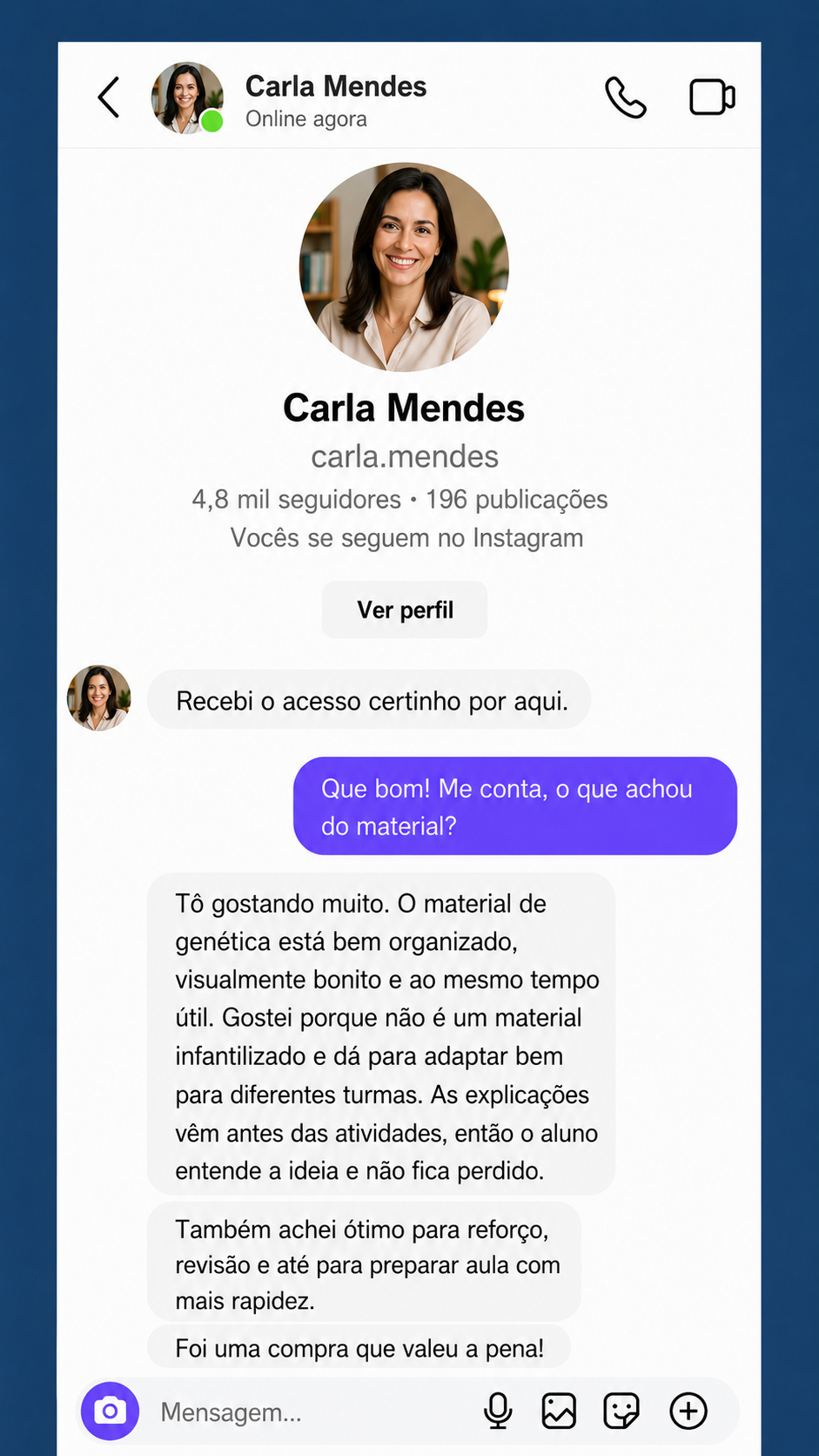 Depoimento via Instagram Direct sobre o Genética Visual